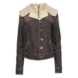 Moschino Jeans Brown Faux Sherpa Lined Denim Jacket W/ Jeweled Logo size 14